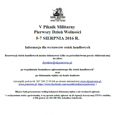 Informacja dla stoisk handlowych V Piknik Militarny Jastrowie 2016